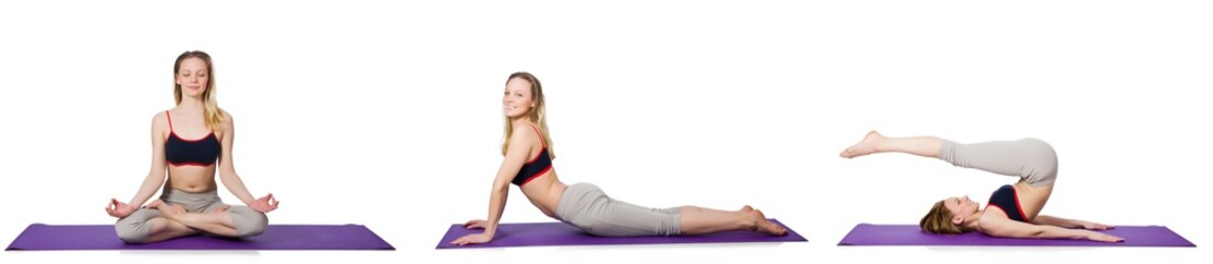 Young female doing exercises on white