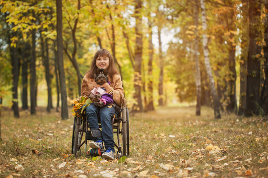 the smiling cheerful girl on a wheelchair with the dog in autumn