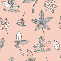 seamless pattern with leaf, branches and berries. rustic style