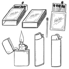 Vector Sketch Set of Matches, Matchboxes and Lighters.