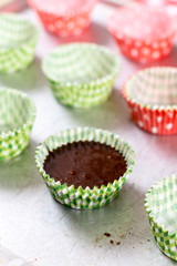 Making chocolate cream muffins. Pouring chocolate cream in paper