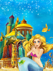 Fototapeta na wymiar Cartoon fantasy scene on underwater kingdom - beautiful manga girl - mermaid - illustration for children