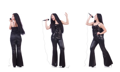 Woman singing in karaoke club in various poses on white