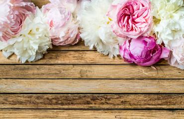 beautiful flowers on wooden background, various , place for text, closeup