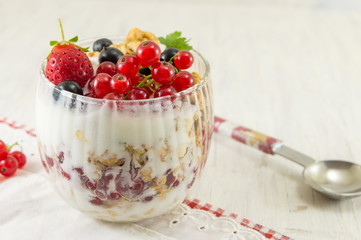 Granola parfait with berry fruit and cream.
