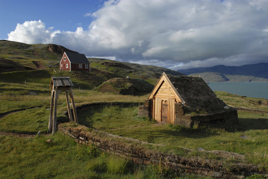 Greenland, Erik's Fjord, Brattahlid. Replica of Thjodhild's Church originally built in the summer of AD 1000 and named for Erik the Red's wife.