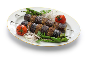 eggplant kebab, patlican kebab, Turkish cuisine isolated on white background
