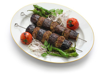 eggplant kebab, patlican kebab, Turkish cuisine isolated on white background