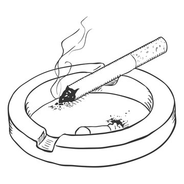 Vector Sketch Ashtray with a Smoking Cigarette and a Cigarette Butt