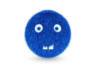 3D blue hairy monster funny, with teeth on a white background. 3
