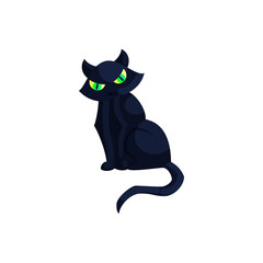 Halloween black cat with green eyes icon in cartoon style on a white background