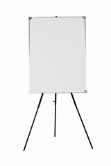 Empty whiteboard on black tripod isolated on white background