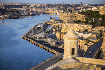 Malta - Watch tower of Valletta with seafront, Floriana and Grand Harbour at background