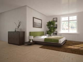 white interior design of bedroom with furnirure. Scandinavian style