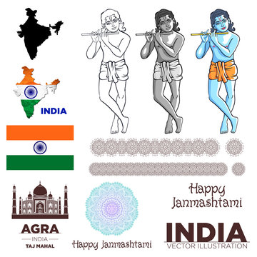 india flag Krishna taj mahal map mandala vector