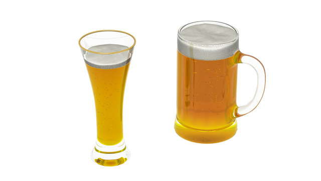 Beer in a glass and keg, cold alcoholic drink isolated on white background, 3D illustration 