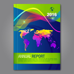 Annual Report. Annual Brochure Flyer Design Template with Colorful World Map and Abstract Waves.