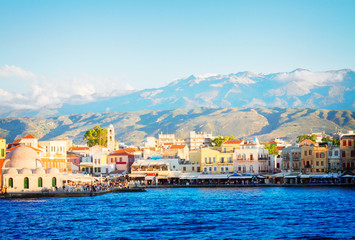 Fototapeta na wymiar famouse venetian bay of Chania at sunny day, Crete Greece, toned