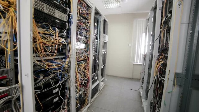 Supercomputer with cables, connections and lamps. 1080p