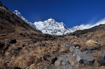Fototapeta premium Himalayas mountain in background, clear blue sky, Nepal.