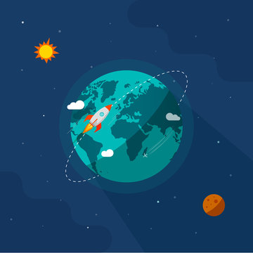 Earth in space with spaceship vector illustration, rocket space ship flying around planet orbit on solar system universe, moon, starts flat cartoon design