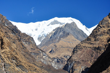 Himalayas mountain in background, clear blue sky, Nepal.