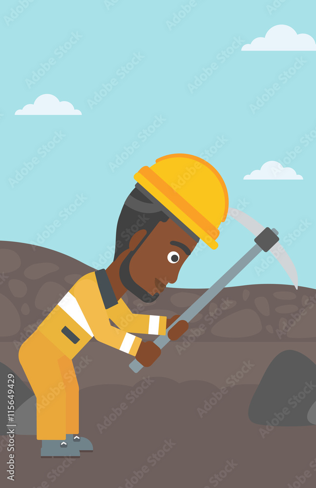 Poster miner working with pickaxe vector illustration.