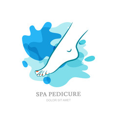 Womens foot on water splash background. Vector logo, label, emblem design elements. Abstract design concept for beauty salon, spa pedicure, cosmetic, organic care. Isolated illustration. 