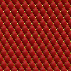 Seamless red leather texture with gold metal details. Vector leather background with golden buttons. Luxury textile design, interior and furniture decoration concept.