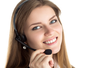 Portrait of young beautiful call center worker
