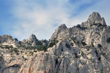 Crimea Mountains. Mountain rocky ridge with peaks against the blue sky in the summer. Horizontal view.
