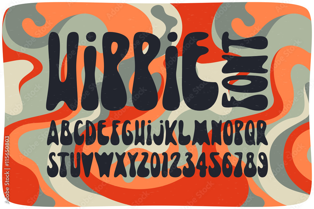 Poster smooth hippie font with wavy psychedelic seamless pattern. vintage rounded alphabet.