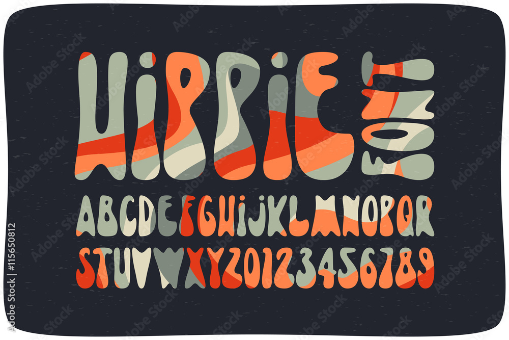 Poster smooth hippie font with wavy psychedelic seamless pattern. vintage rounded alphabet.