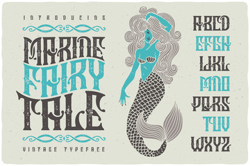 Obraz premium Marine fairytale font with beautiful mermaid illustration. Vintage decorative type set.