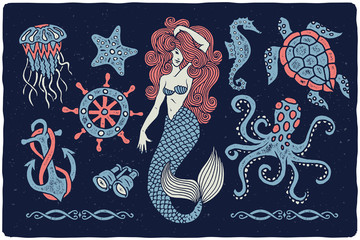Marine illustrations set. Mermaid drawing. Octopus. Ocean turtle. Ship wheel. Binocular. Sea horse. Jellyfish. Anchor.