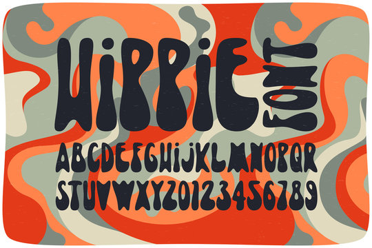 Smooth hippie font with wavy psychedelic seamless pattern. Vintage rounded alphabet.