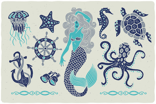 Marine Illustrations Set. Mermaid Drawing. Octopus. Ocean Turtle. Ship Wheel. Binocular. Sea Horse. Jellyfish. Anchor.