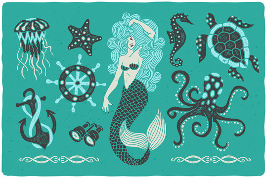 Marine illustrations set. Mermaid drawing. Octopus. Ocean turtle. Ship wheel. Binocular. Sea horse. Jellyfish. Anchor.