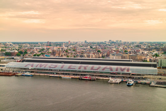 Aerial view of Amsterdam with the central station in front