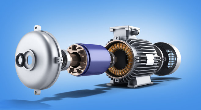 electric motor in disassembled state 3d illustration on a gradie