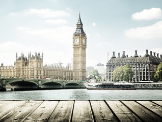 Obraz premium Big Ben and wooden surface, London, UK