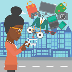 Woman making purchases online vector illustration.