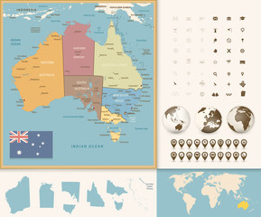 Australia Map with Navigation Icon Set. Vintage Colors