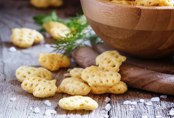 Corn chips in the shape of hearts, selective focus