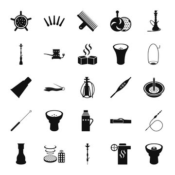 Set of hookah icons. Waterpipes, tobacco, charcoal and accessories simple icon set on background