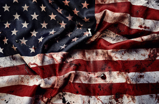 Grunge american flag background with blots of blood