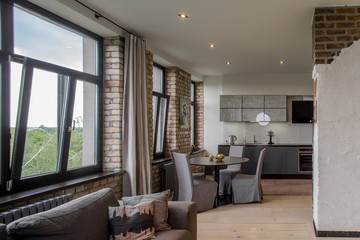 Contemporary interior studio, kitchen, lounge. Modern interior in private flat.