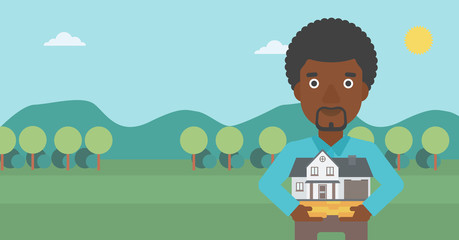 Man holding house model vector illustration.