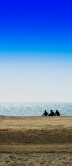 Fototapeta na wymiar Vertical three freinds sitting on the ocean beach background bac