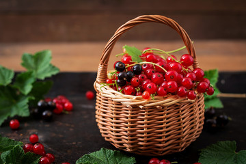 Basket with Red and Black currant with leaves on a black background.